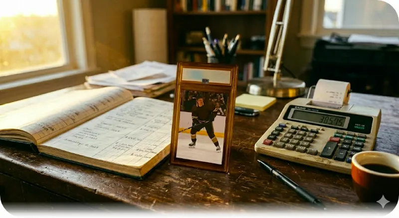 A hockey card beside the ledger — the two halves of Slab Savvy